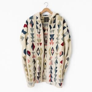 Johnny Was Caci Knit Embroidered Geometric Print Hooded Poncho Cream/Blue M NWT